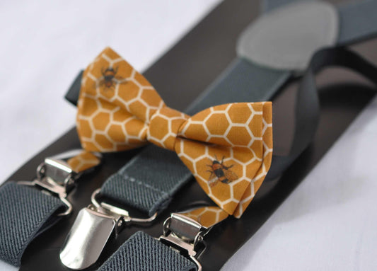 Yellow Honeycomb Honey Comb Bees Print Cotton Bow tie + GREY GRAY Elastic Suspenders Braces for Baby infant Toddler / Boy Kids / Youth