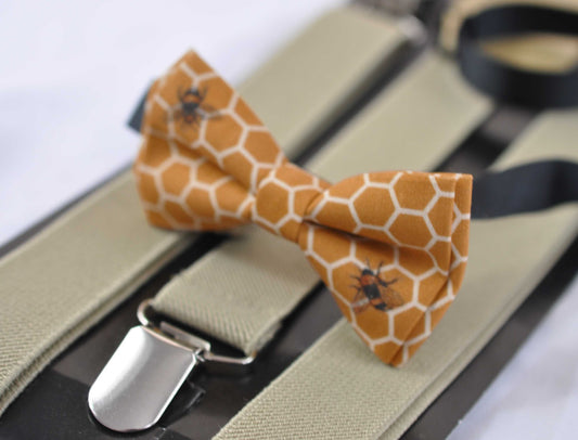 Yellow Honeycomb Honey Comb Bees Bee Print Bow tie + Khaki Beige Elastic Suspenders Braces for Baby infant / Boy Kids / Youth Teenage / Men