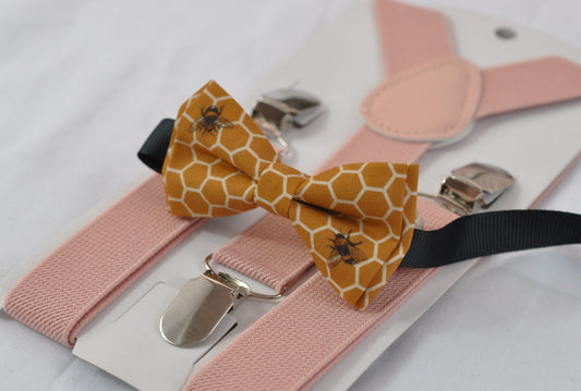 Yellow Honeycomb Honey Comb Bees Print Cotton Bow tie + Dusty Pink Elastic Suspenders Braces for Baby infant / Boy Kids / Youth / Men Adult