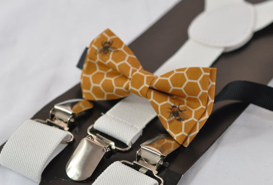 Yellow Honeycomb Honey Comb Bees Bee Print Cotton Bow tie + White Elastic Suspenders Braces for Baby infant Toddler / Boy Kids / Youth