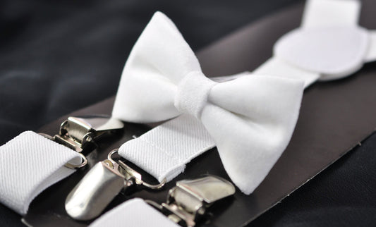 White Solid Velvet Bow tie + White Elastic Suspenders Braces for baby infant toddler / Boy Kids / Youth Teenage / Men Adult