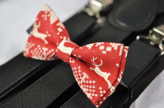 Xmas Christmas Deer Elks ELK Red Cotton Bow Tie Bowtie + Black Elastic Suspender Braces for Men / Youth Teenage / Kids Boy / Infant Baby