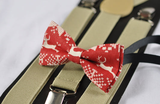 Xmas Christmas Deer Elks ELK Red Bow Tie Bowtie + Khaki Begie Elastic Suspender Braces for Men / Youth Teenage / Kids Boy / Infant Baby