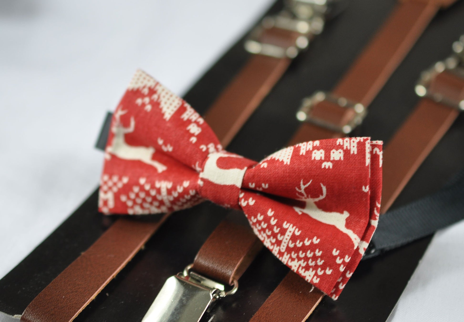 Xmas Christmas Deer Elks ELK Red Bow Tie Bowtie + Brown Faux Leather Skinny Suspender Braces for Youth Teenage / Kids Boy / Infant Baby