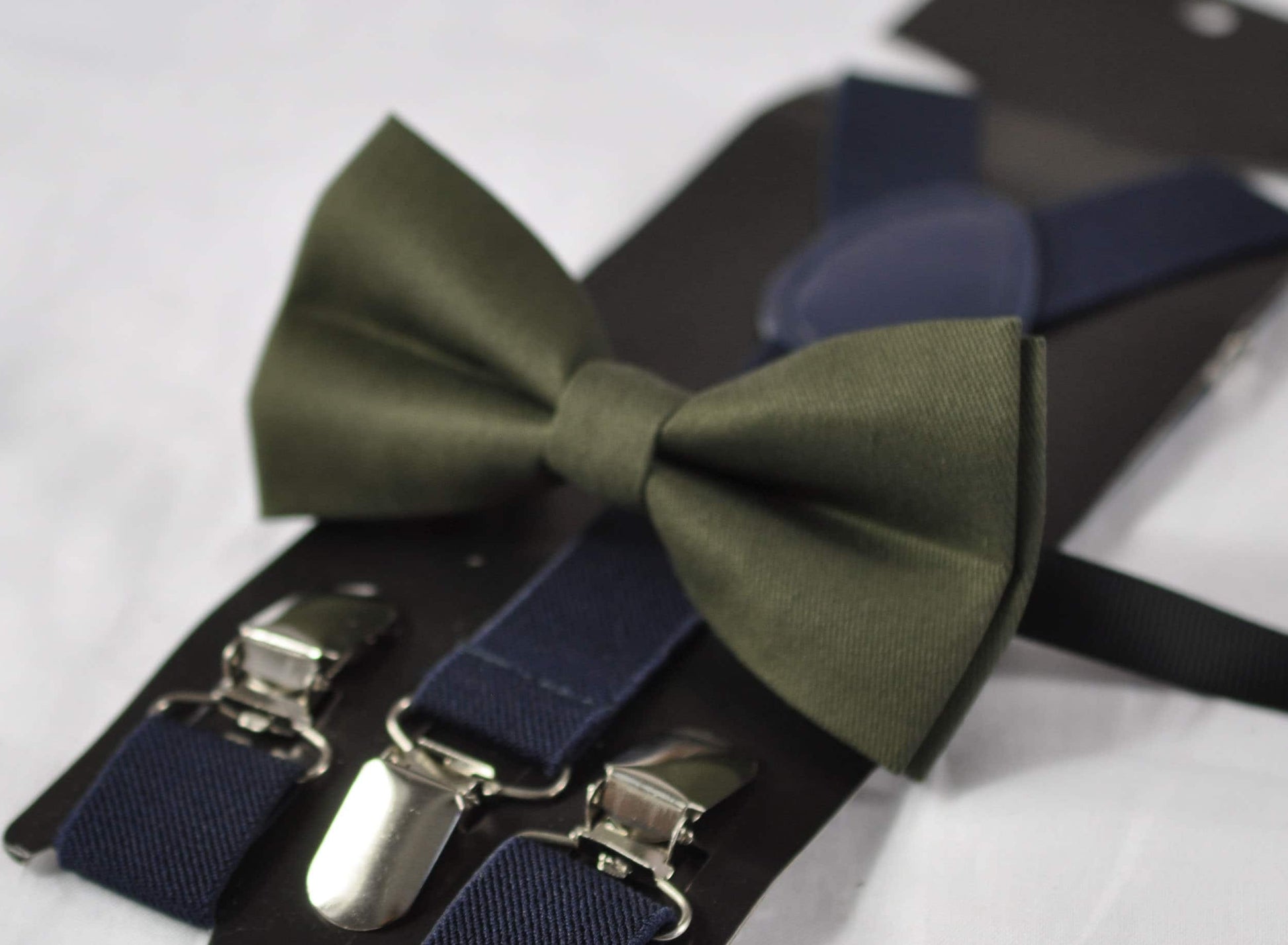 Olive Green Army Green Cotton Bow tie + Navy Blue Elastic Braces Suspenders for Men Adult / Youth Teenage / Boy Kids / Baby Infant Toddler