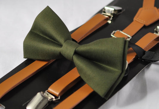 Olive Green Army Green Cotton Bow tie + Tan Brown Skinny Faux Leather Suspenders Braces for Youth Teenage / Boy Kids / Baby Infant Toddler
