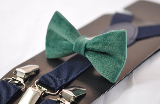 Emerald Green Dark Green Velvet Bow tie + Navy Blue Elastic Suspenders Braces for Baby Infant Toddler / Boy Kids / Youth Teenage / Men Adult