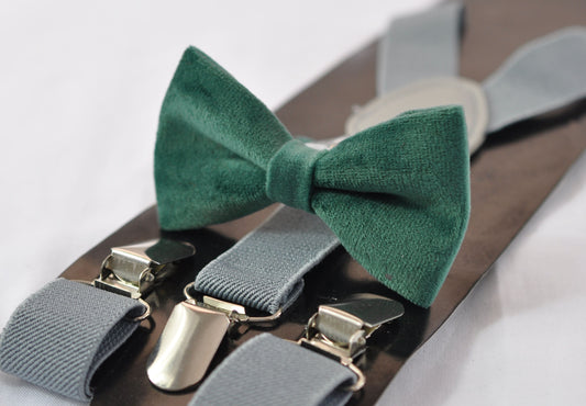 Emerald Green Dark Green Velvet Bow tie + Light Grey Elastic Suspenders Braces for Baby Infant / Boy Kids / Youth Teenage / Men Adult