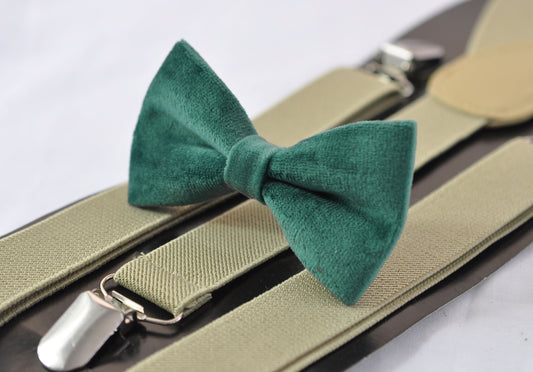 Emerald Green Dark Green Velvet Bow tie + Khaki Beige Elastic Suspenders Braces for Baby Infant / Boy Kids / Youth Teenage / Men Adult
