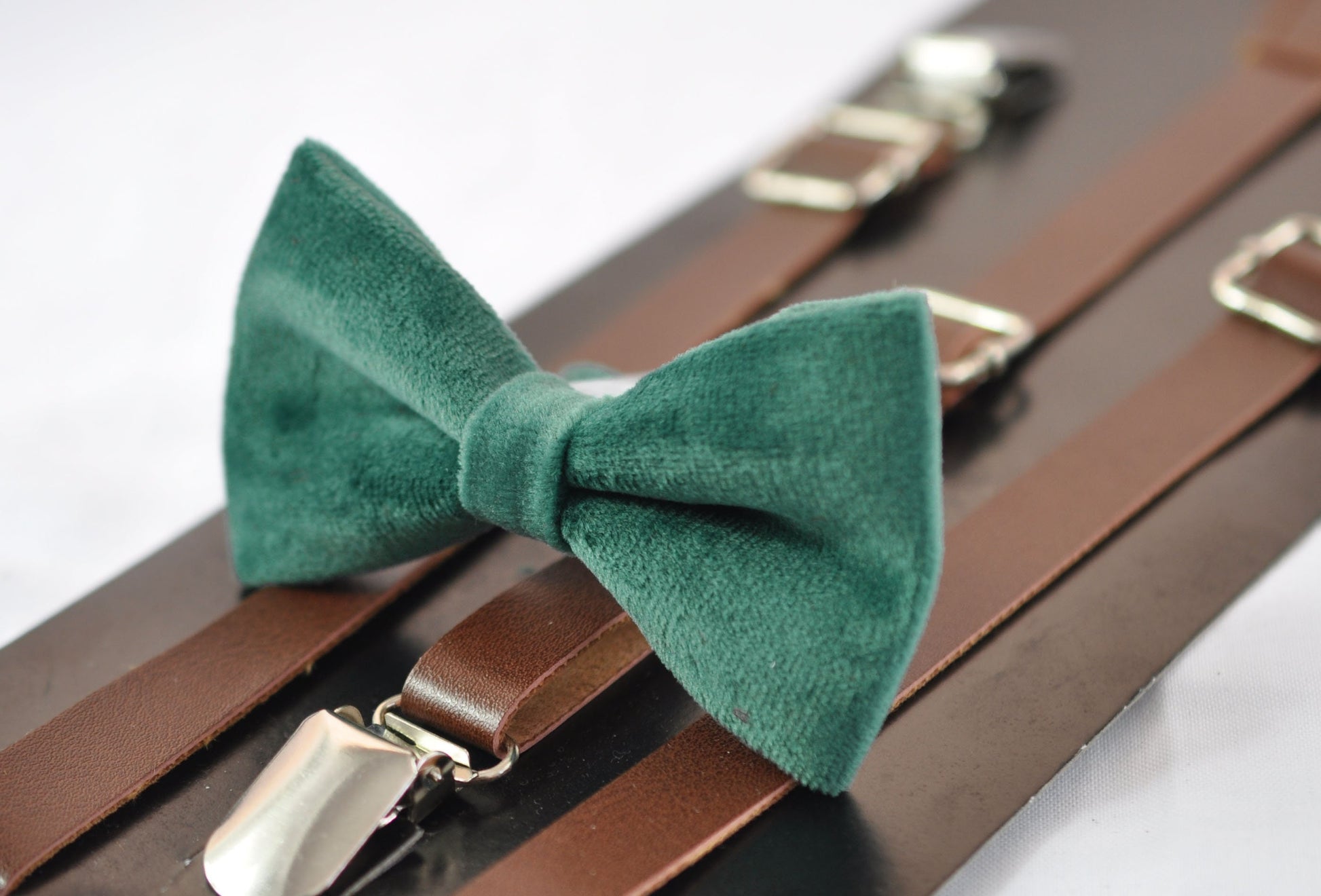 Emerald Green Dark Green Velvet Bow tie + Brown Faux Lether Skinny Suspenders Braces for Youth Teenage / Boy Kids / Baby infant Todler