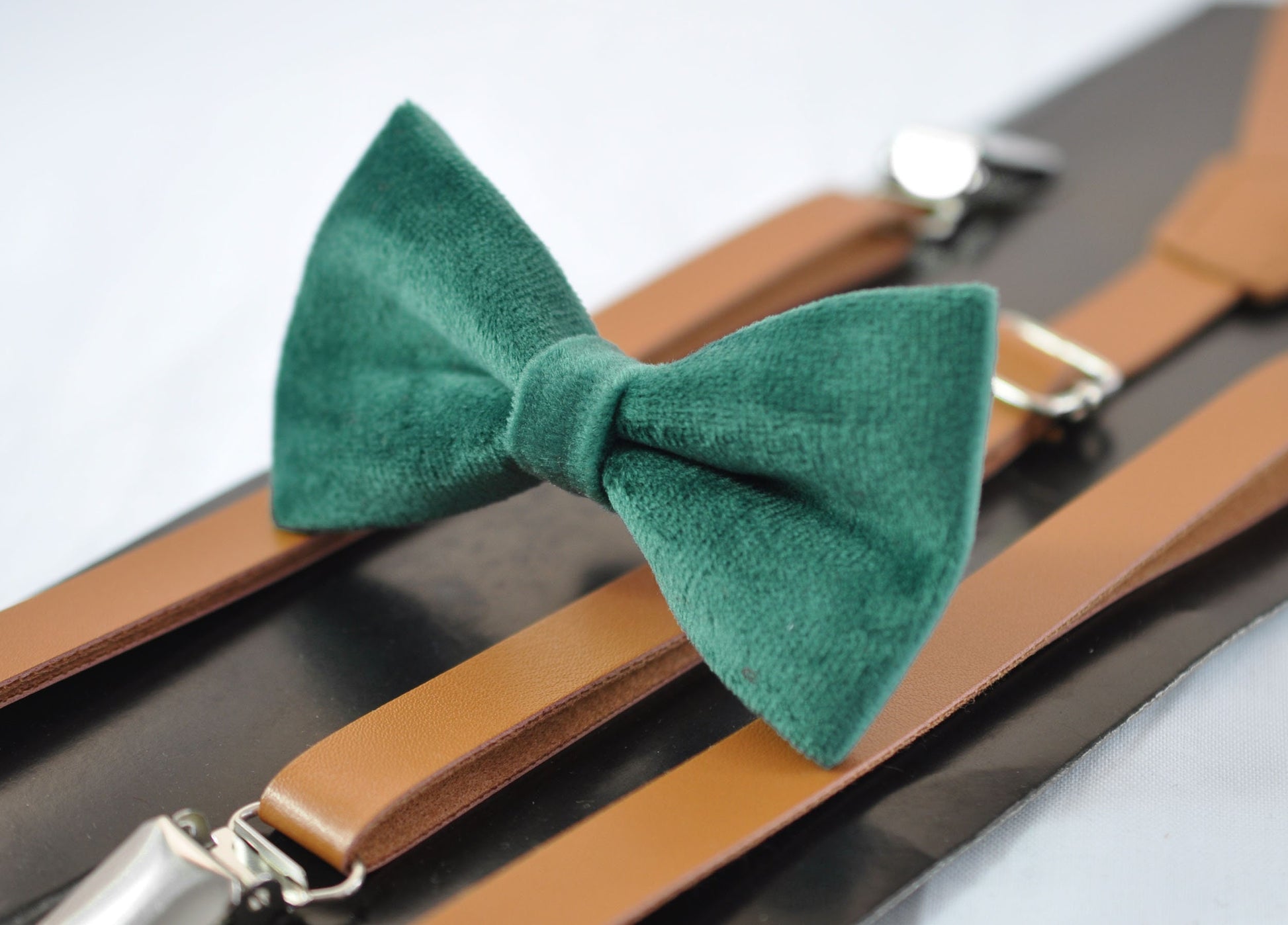 Emerald Green Dark Green Velvet Bow tie + Tan Brown Faux Lether Skinny Suspenders Braces for Youth Teenage / Boy Kids / Baby infant Todler
