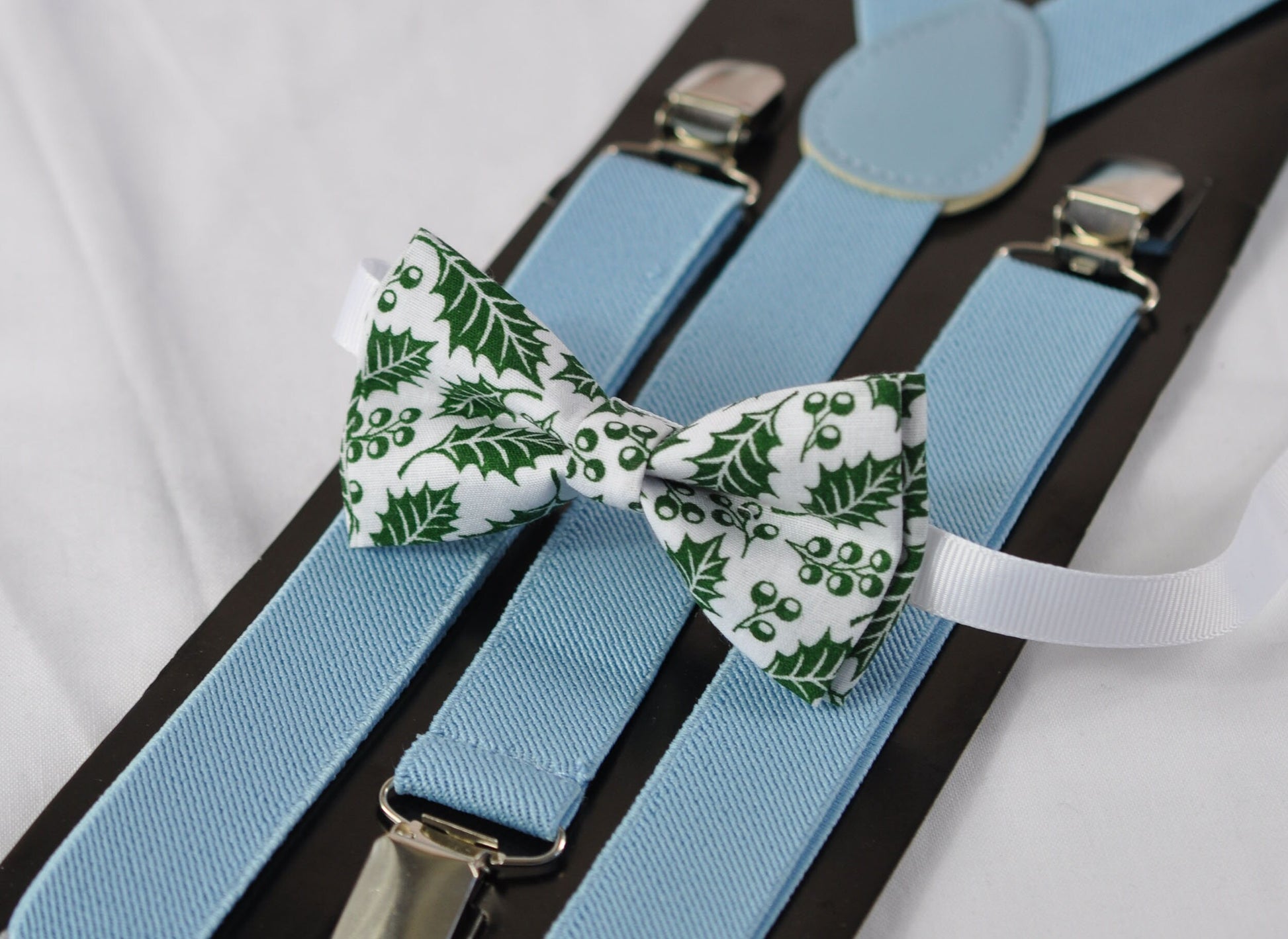 White Green Maple Leaf Leaves Xmas Christmas Bow tie + Light Blue Suspenders Braces Men Adult / Youth Teenage / Boy Kids / Baby Infant