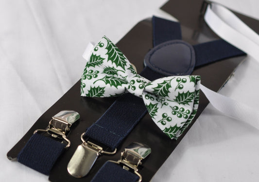 White Green Maple Leaf Leaves Xmas Christmas Cotton Bow tie + Navy Blue Suspenders Braces Men Adult / Youth Teenage / Boy Kids / Baby Infant