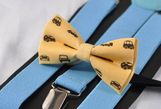 Baby Yellow Car Cars Pattern Cotton Bow tie + Blue Elastic Suspenders Braces for Youth Teenage / Boy Kids / Baby Infant