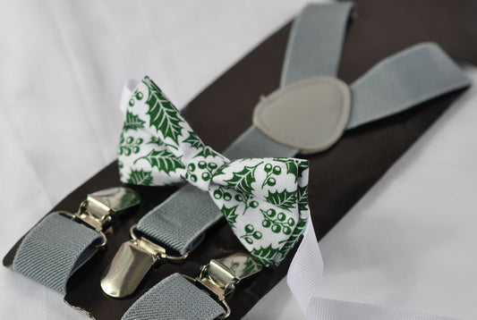 White Green Maple Leaf Leaves Xmas Christmas Bow tie + Grey Elastic Suspenders Braces Men Adult / Youth Teenage / Boy Kids / Baby Infant