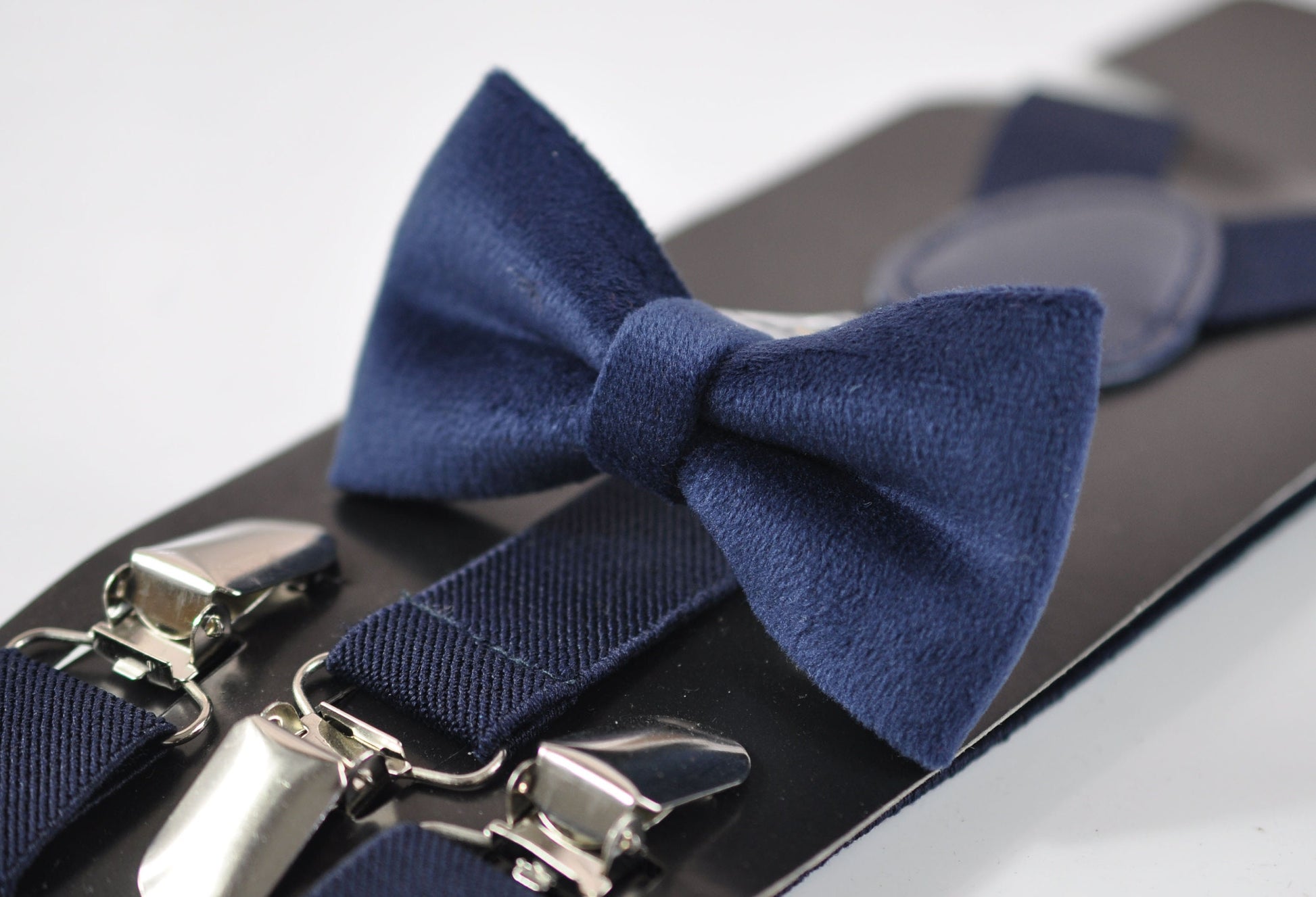 Navy Blue Dark Blue Velvet Bow tie + Matched Elastic Suspenders Braces for baby infant toddler / Boy Kids / Youth Teenage / Men Adult