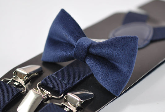 Navy Blue Dark Blue Velvet Bow tie + Matched Elastic Suspenders Braces for baby infant toddler / Boy Kids / Youth Teenage / Men Adult
