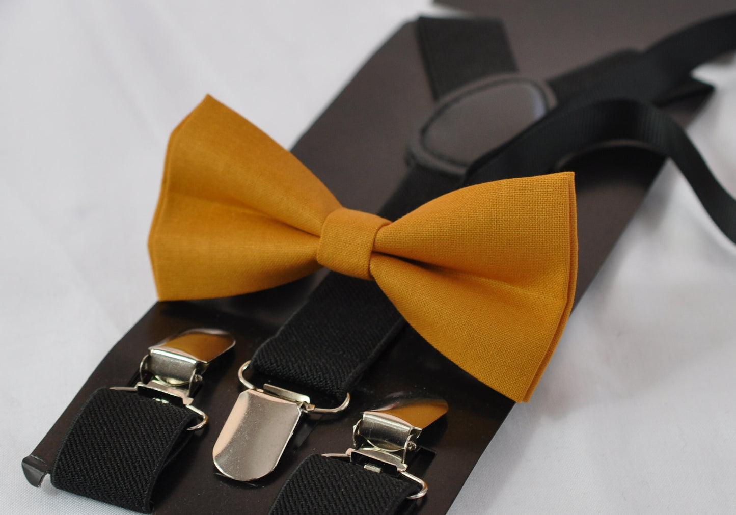 Mustard Honey butterscotch Yellow Marigold Cotton Bow tie + Black Suspenders Braces for Adult Men / Youth Teenage / Boy Kids / Baby Infant