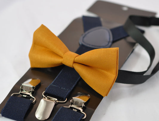 Mustard Honey butterscotch Yellow Cotton Bow tie + Navy Blue Elastic Suspenders Braces Adult Men / Youth Teenage / Boy Kids / Baby Infant