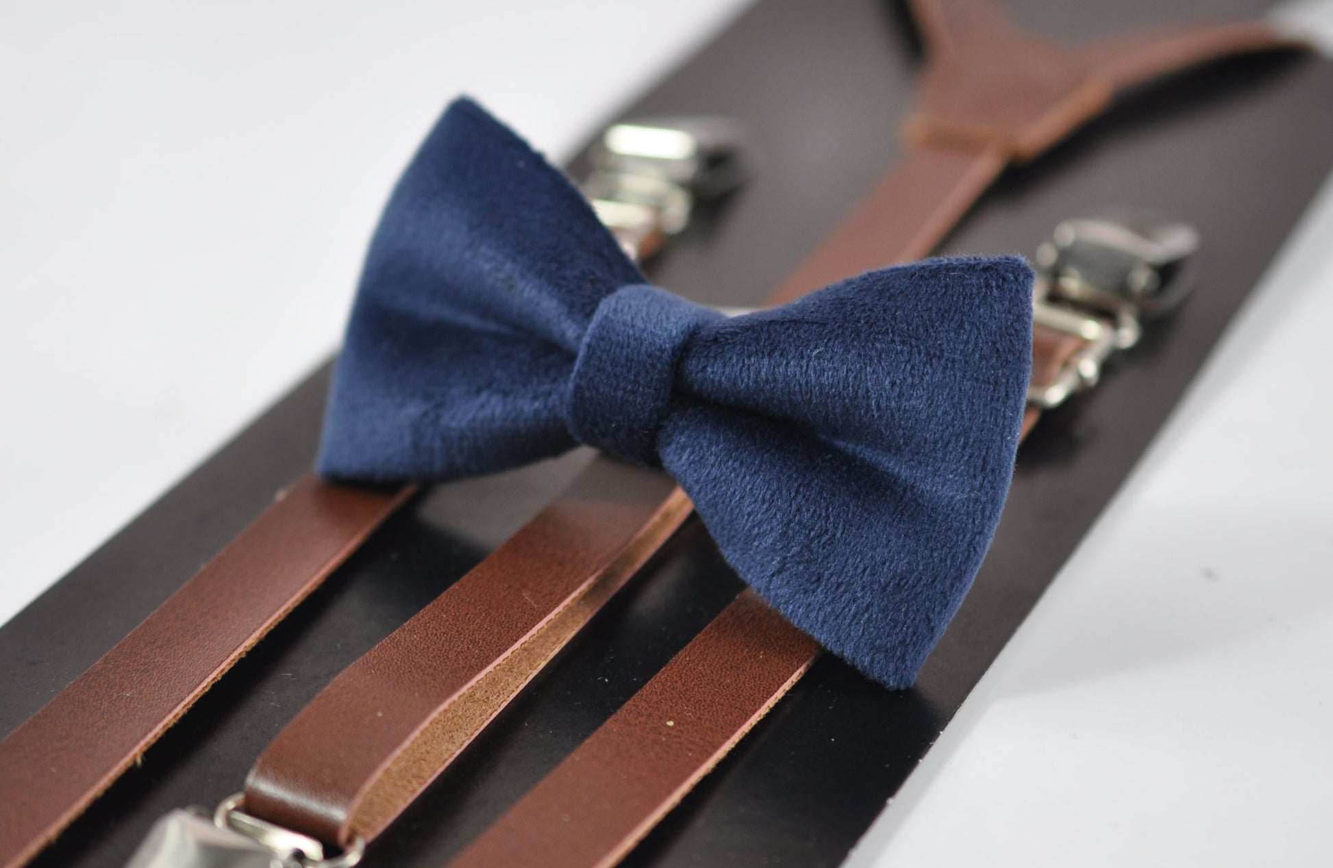 Navy Blue Velvet Bow tie Bowtie + Brown Skinny Faux Leather Adjustable Suspenders Braces For Baby inafant Toddler / Boy Kids / Youth Teenage