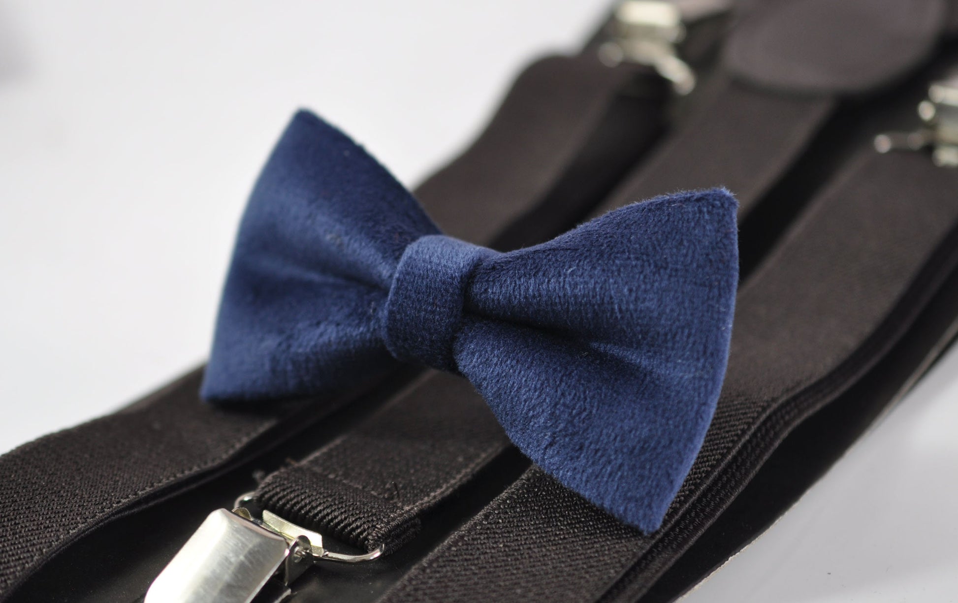 Navy Blue Dark Blue Velvet Bow tie + Brown Elastic Suspenders Braces for baby infant toddler / Boy Kids / Youth Teenage / Men Adult