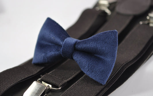Navy Blue Dark Blue Velvet Bow tie + Brown Elastic Suspenders Braces for baby infant toddler / Boy Kids / Youth Teenage / Men Adult