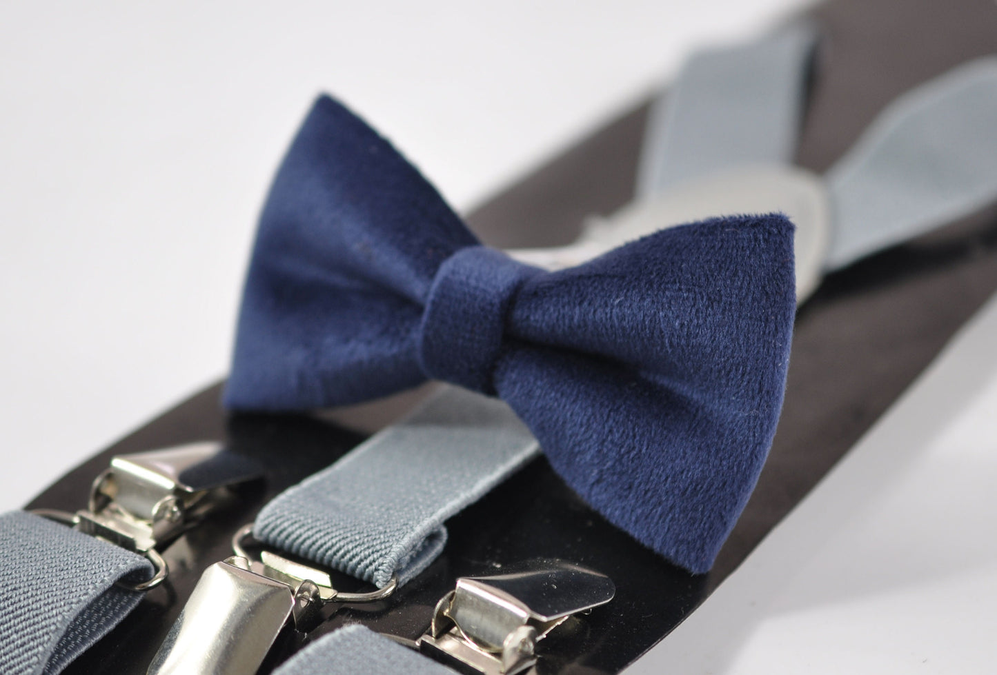 Navy Blue Dark Blue Velvet Bow tie +LIGHT GREY Elastic Suspenders Braces for baby infant toddler / Boy Kids / Youth Teenage / Men Adult