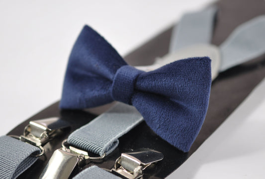 Navy Blue Dark Blue Velvet Bow tie +LIGHT GREY Elastic Suspenders Braces for baby infant toddler / Boy Kids / Youth Teenage / Men Adult