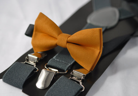 Mustard Honey butterscotch Yellow Cotton Bow tie + Dark Grey Elastic Suspenders Braces Adult Men / Youth Teenage / Boy Kids / Baby Infant