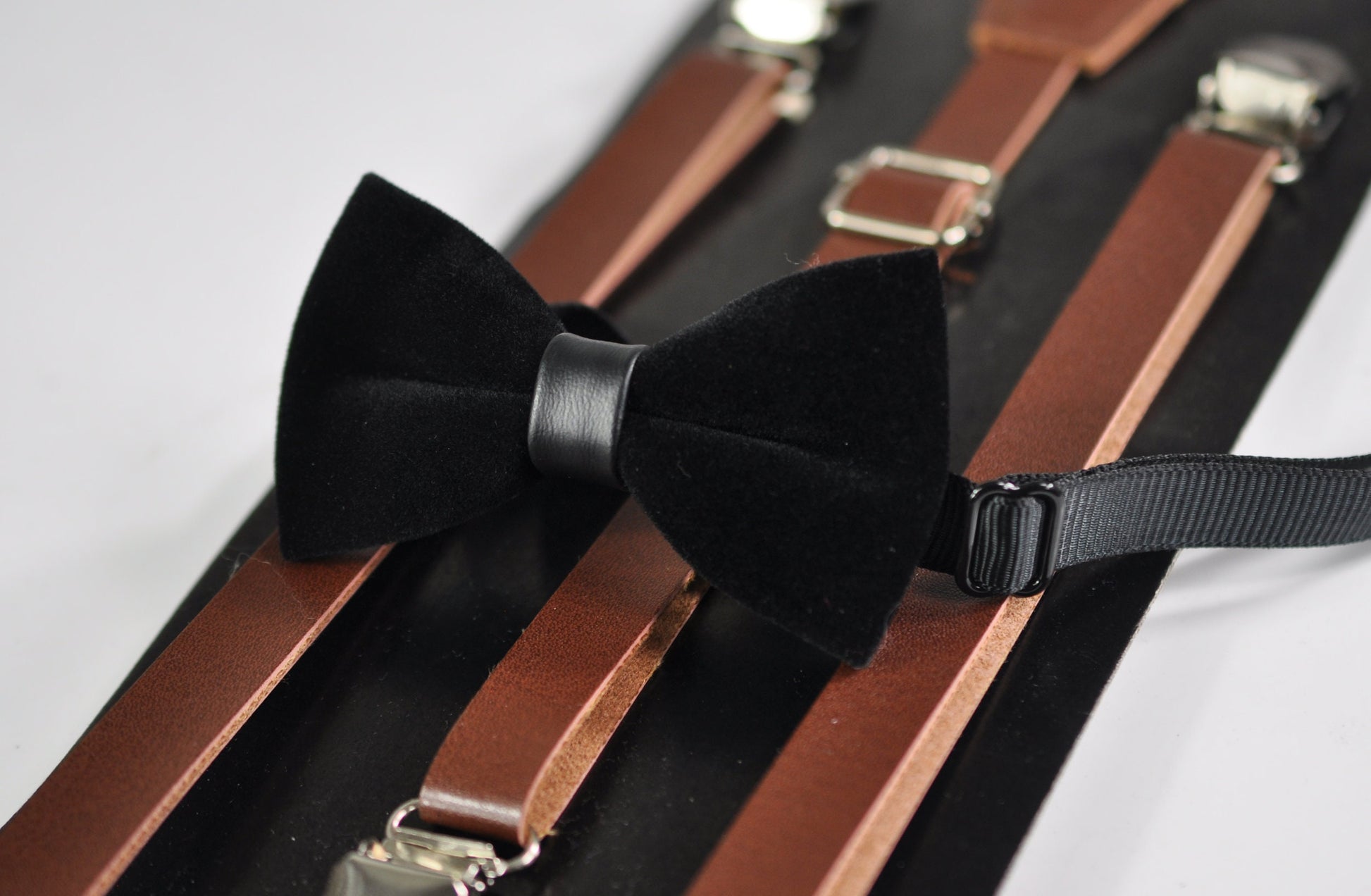 Black Velvet Bow tie bowtie+ Brown Faux Leather Skinny Suspenders for baby Infant Toddler / boy Kids / Youth Teenage / Men Adult