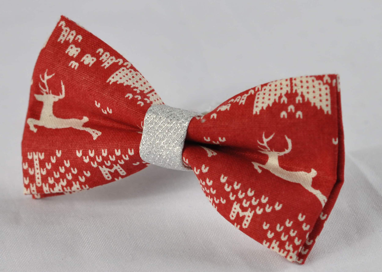 Xmas Christmas Elk Deer Red and Silver 100% Cotton Pretied Bow Tie for Men Adult / Youth Teenage / Boy Kids / Baby Infant Toddler