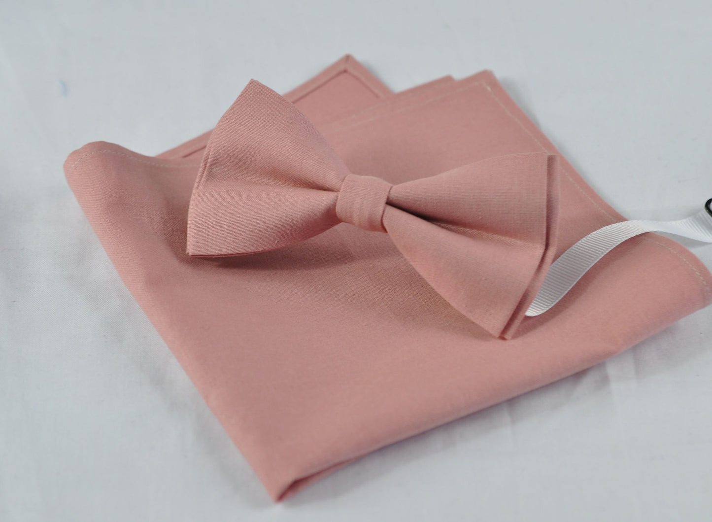 Warm Dusty Pink Cotton Bow tie + Matched Elastic Adjustable Braces Suspenders + POCKET SQUARE for Baby Infant / Boy Kids / Youth / Men