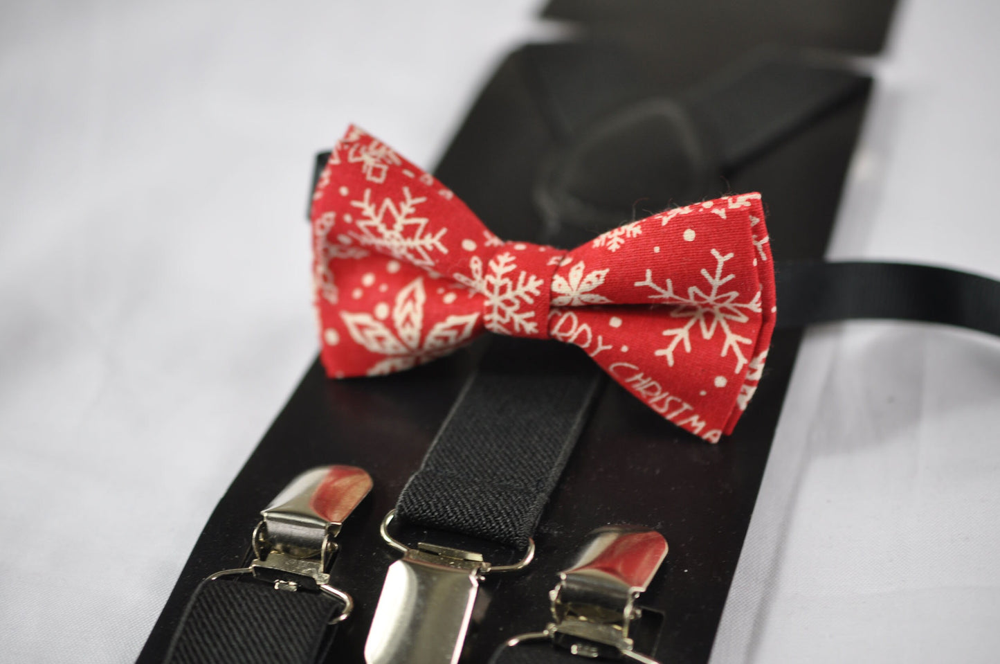 White Snowflake Red Christmas Xmas Cotton Bow tie + Black Elastic Suspenders for Baby infant Toddler / Kids Boy / Youth Teenage / Men Adult