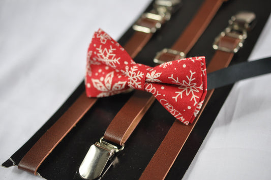 White Snowflake Red Christmas Xmas Cotton Bow tie + Brown Faux Leather Adjustable Suspenders Braces Baby infant / Kids Boy / Youth Teenage