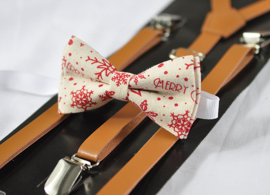 Red Snowflake Beige Christmas Xmas Cotton Bow tie + Tan Faux Leather Suspenders Braces Baby infant / Kids Boy / Youth Teenage / Adult Men