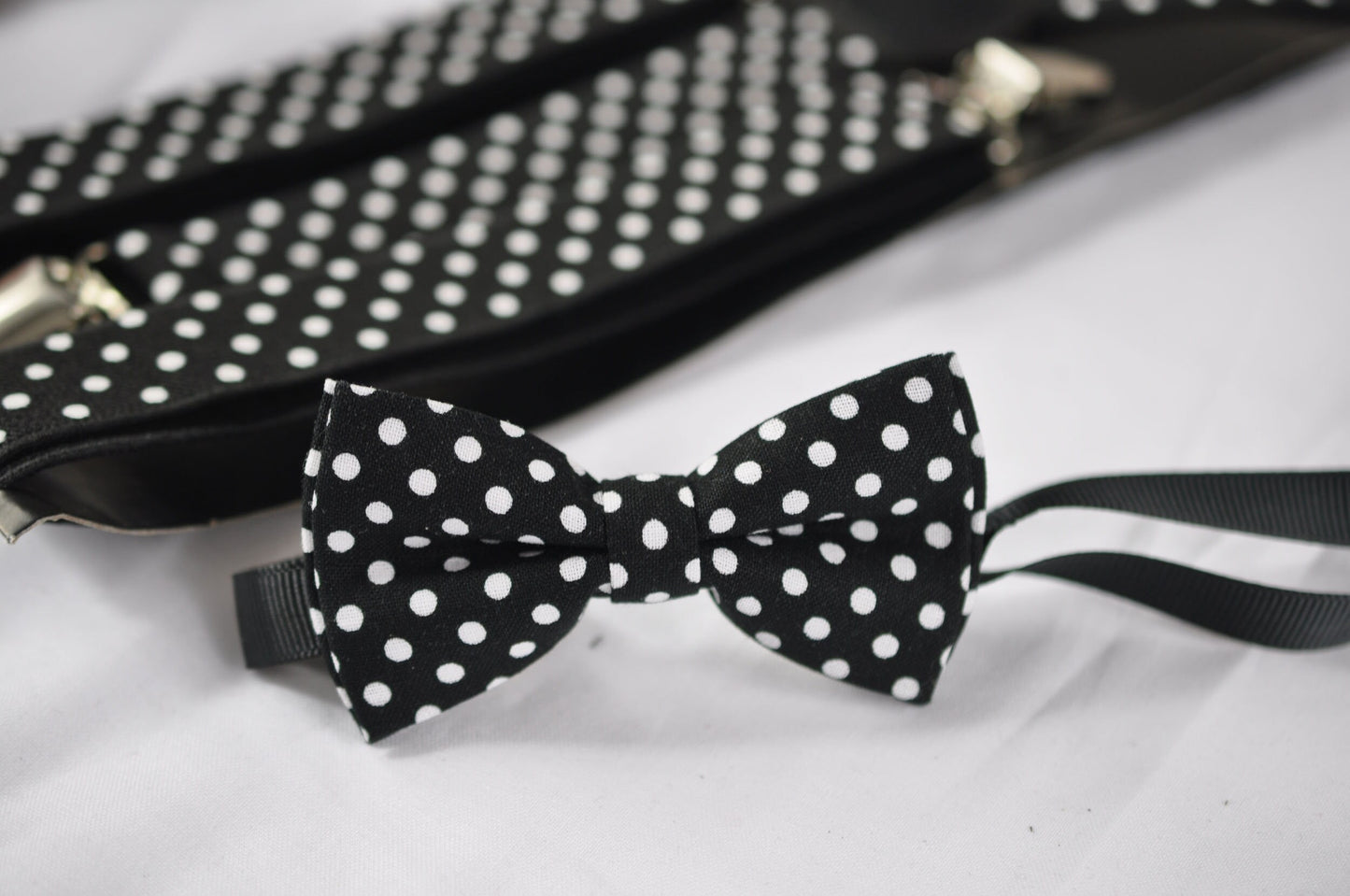 Black White Spots & Stripes Dots Pattern Bow Tie + Matched Elastic Suspenders Braces Baby infant Toddler / Boy Kids / Youth Teenage / Adult