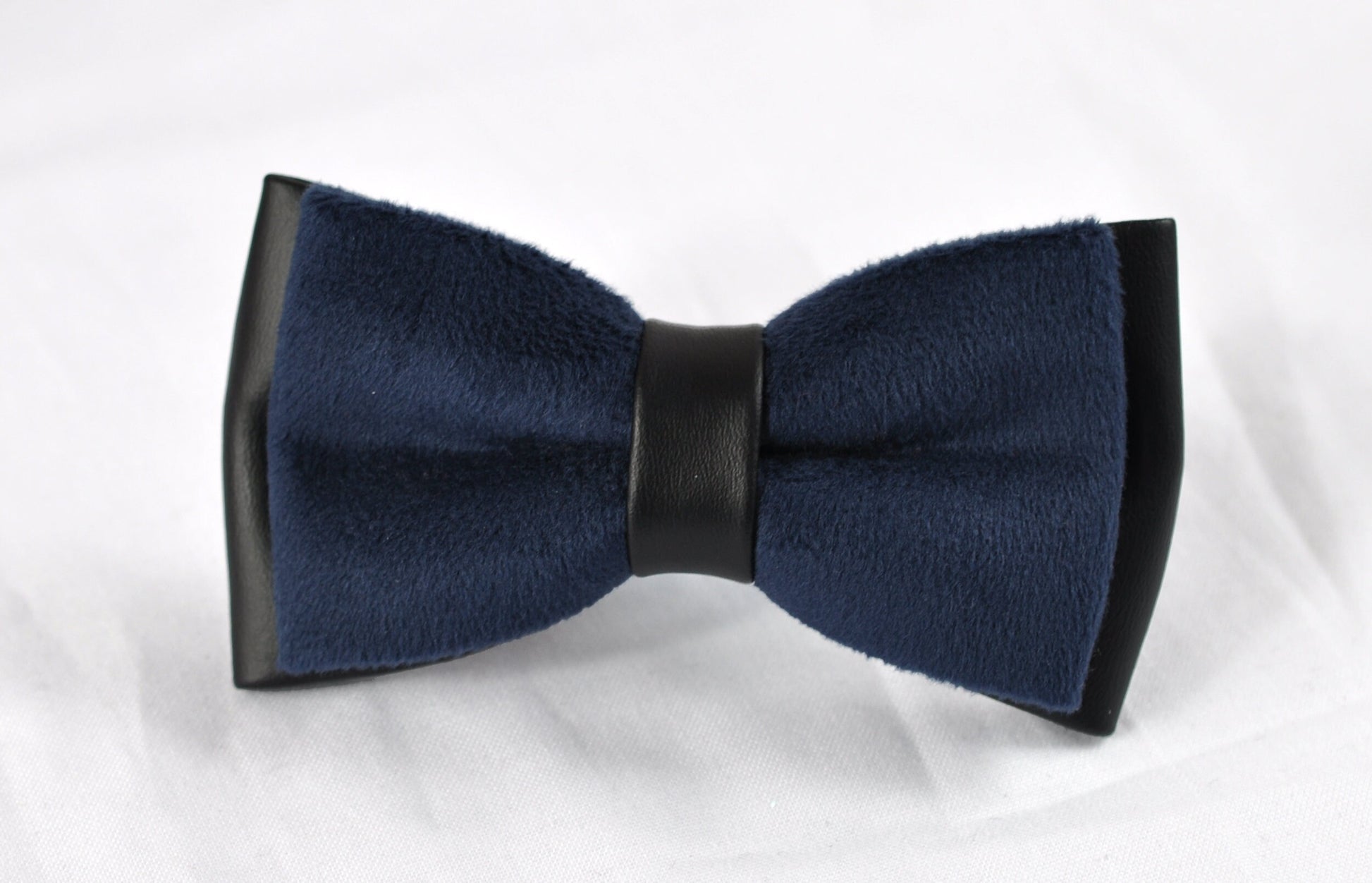 Navy blue velvet + Black Faux Leather 2 Layers Bow tie bowtie for Men Adult / Youth Teenage / Kids Boy / Infant Toddler Baby