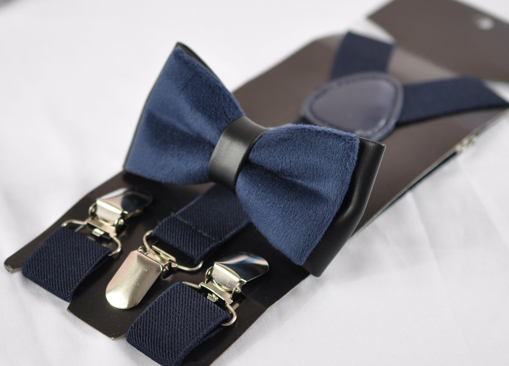 Navy Blue Velvet and Black Faux Leather 2 Layers Bow tie + Navy Blue Suspenders Braces for Baby infant Toddler / Boy Kids / Youth / Men