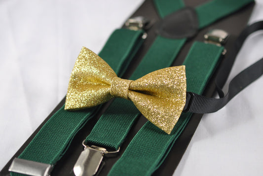 Gold Golden Shining Faux Leather Bow tie + Dark Emerald Green Suspenders Braces for Baby infant Toddler / Kids boy / Youth Teenage / Men