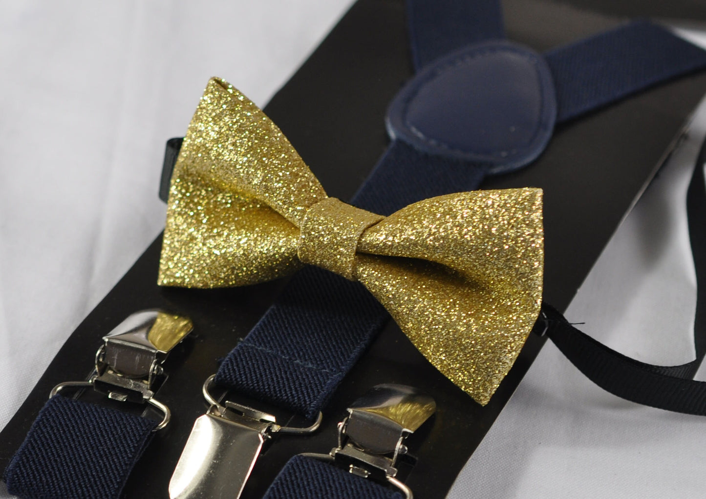 Gold Golden Shining Faux Leather Bow tie + Navy Blue Elastic Suspenders Braces for Baby infant Toddler / Kids boy / Youth Teenage / Men