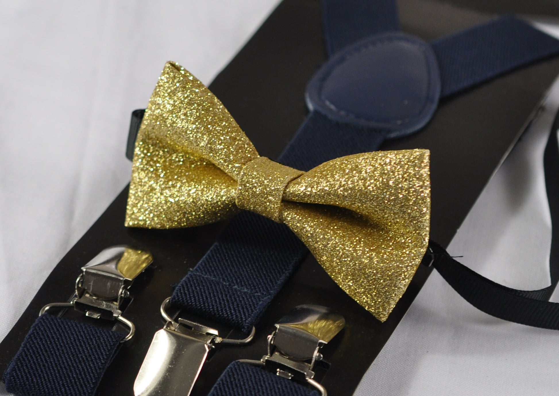 Gold Golden Shining Faux Leather Bow tie + Navy Blue Elastic Suspenders Braces for Baby infant Toddler / Kids boy / Youth Teenage / Men