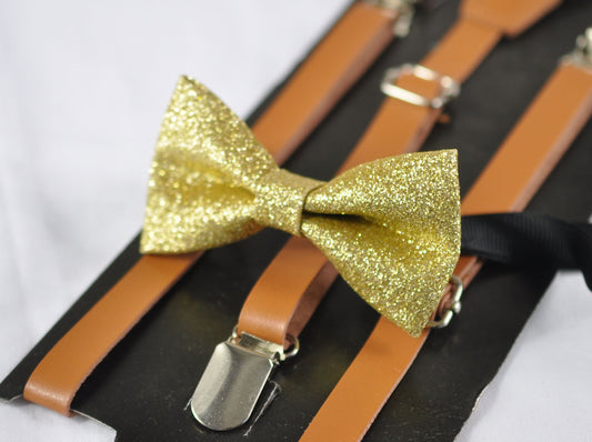 Gold Golden Shining Faux Leather Bow tie + Tan Faux Leather Suspenders Braces for Baby infant Toddler / Kids boy / Youth Teenage / Men