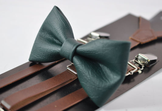 Dark Emerald Green Hunter Green Faux Leather Bow tie + Brown Faux Leather Skinny Suspenders Braces for Baby infant / Boy Kids / Youth