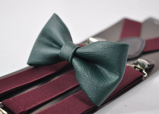 Dark Emerald Green Hunter Green Faux Leather Bow tie + Wine Red Elastic Suspenders Braces for Baby infant / Kids Boy / Youth Teenage / Men
