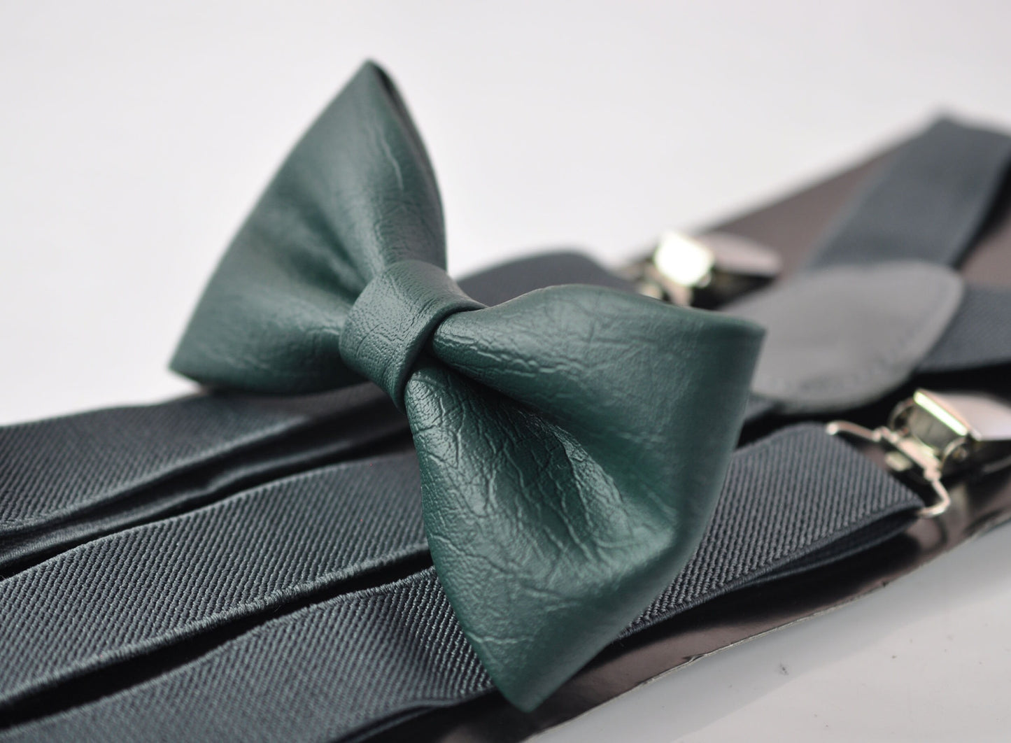 Dark Emerald Green Hunter Green Faux Leather Bow tie + Grey Elastic Suspenders Braces for Baby infant / Boy Kids / Youth Teenage / Adult