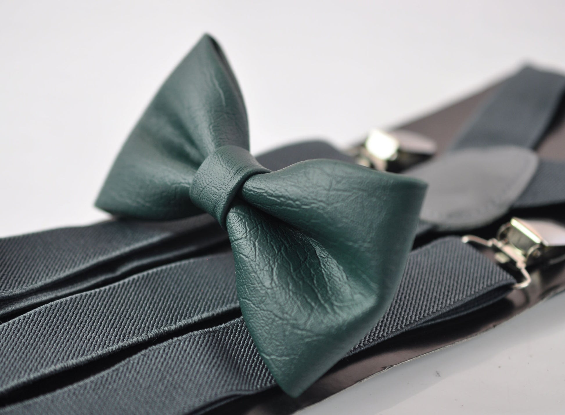Dark Emerald Green Hunter Green Faux Leather Bow tie + Grey Elastic Suspenders Braces for Baby infant / Boy Kids / Youth Teenage / Adult