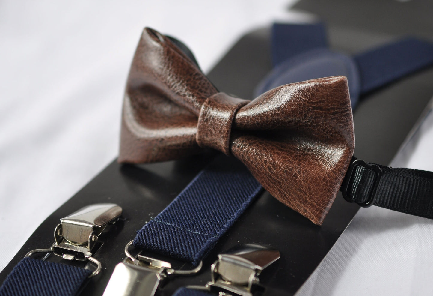 Dark Brown Coffee Faux Leather Bow tie + Navy Blue Elastic Suspenders Braces for Infant Baby Toddler / Boy Kids / Youth Teenage / Men Adult
