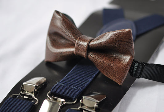 Dark Brown Coffee Faux Leather Bow tie + Navy Blue Elastic Suspenders Braces for Infant Baby Toddler / Boy Kids / Youth Teenage / Men Adult