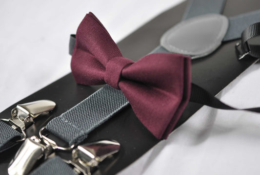 Burgundy Wine Red Cotton Bow tie + GREY GRAY Elastic Suspenders Braces Set for Men Adult / Youth Teenage / Boy Kids / Baby Infant Toddler
