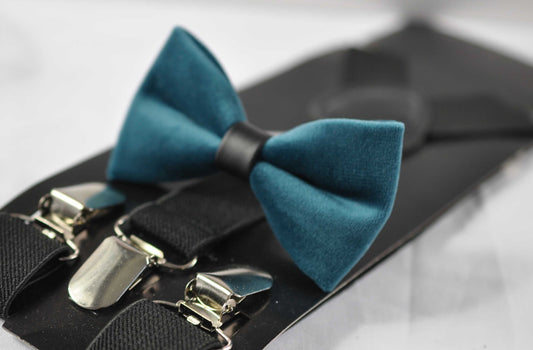 Dark Turquoise Teal Blue Velvet Bow tie + Black Elastic Suspenders Braces for Men Adult / Youth Teenage / Boy Kis / Baby infant Toddler